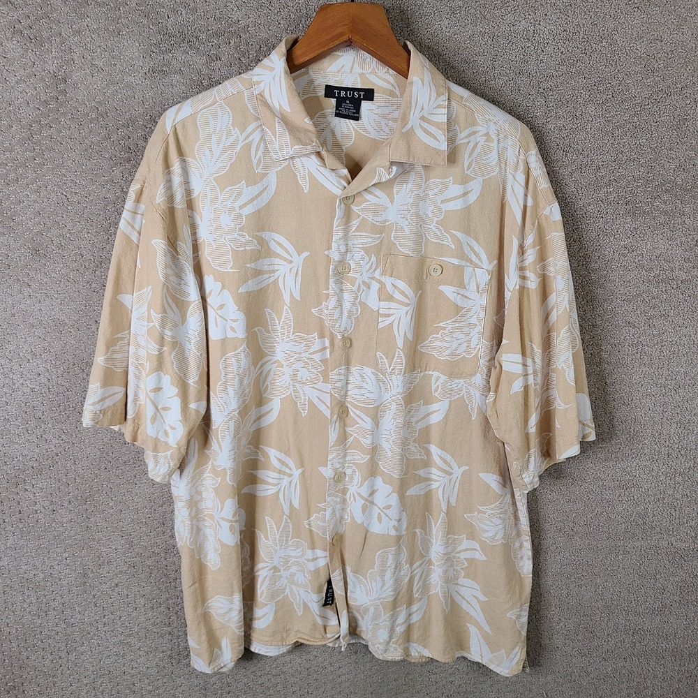 Trust Shirt Mens XL Beige White Floral Button Up Linen Blend‎ Hawiian Vacation